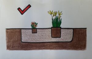 drawing depicting smaller plants and flowers being planted right at grade or slightly higher with NO soil above the rootball ( no soil covering plant stems ) 