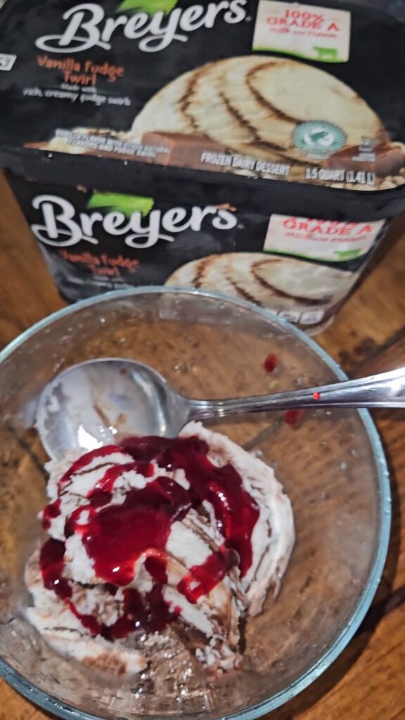 Roselle syrup on vanilla fudge swirl ice cream